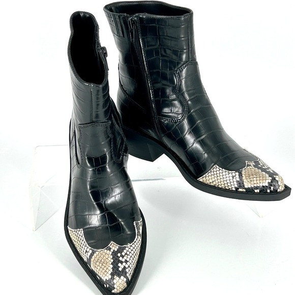 Open Edit Size 5.5 Black Faux Crocodile Western Ankle Boots Snake Embossed Toe - Picture 2 of 12